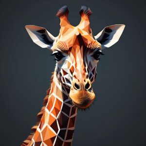 Modern geometric giraffe greeting card featuring a polygon-style giraffe portrait in warm orange and brown tones on a dark background.