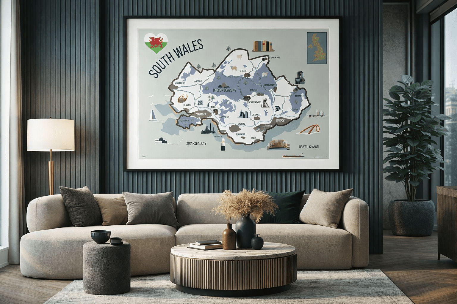 Minimalist Map of South Wales Poster on wall