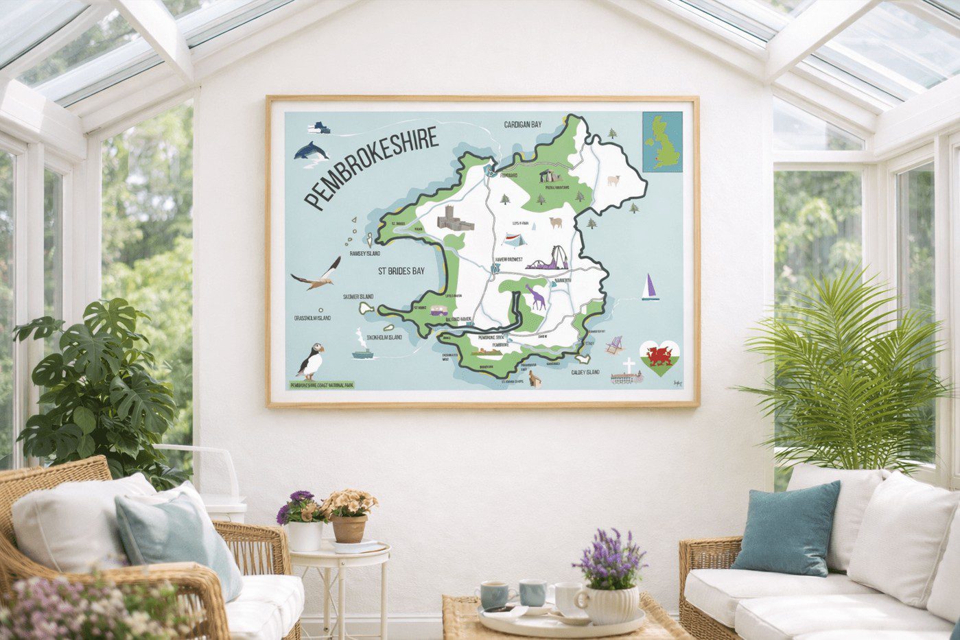 framed map of pembrokeshire on conservatory wall by tideaway studio
