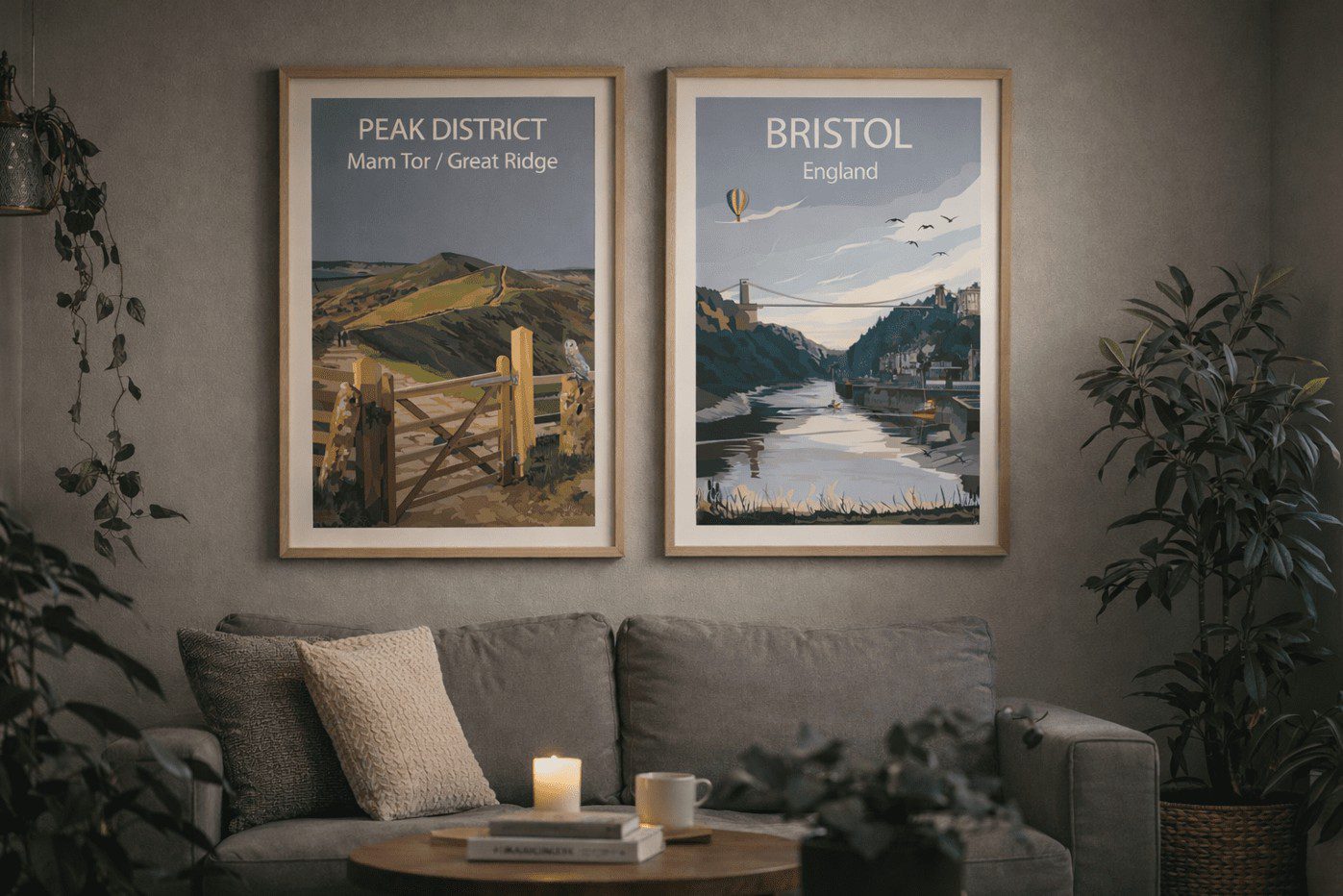 peak district (mam tor) and bristol art prins on living room wall by tideaway studio